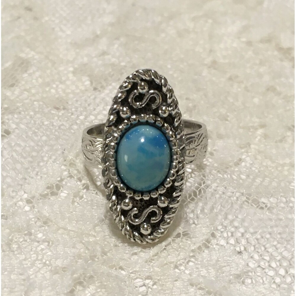 Vintage Sarah Coventry Blue Cabochon Stone Ring Long Oval Silver Tone Adjustable